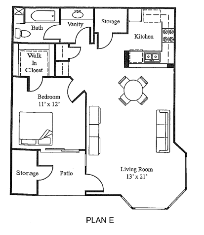 Plan E 1Bed 1 Bath Floor Plan at Loma Linda Springs, Loma Linda, 92354