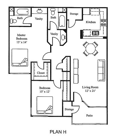 Plan H 2Bed 2Bath Floor Plan at Loma Linda Springs, Loma Linda, California, 92354