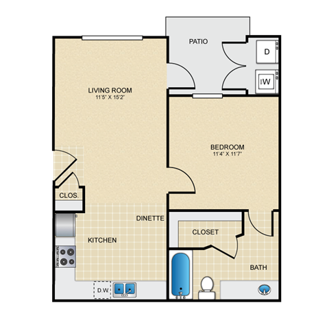 1 bed 1 bath A1 Floor Plan at The Villages at Lost Creek, San Antonio