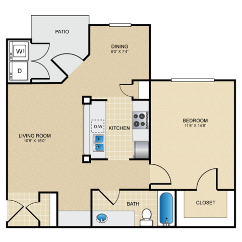 1 bed 1 bath A2 Floor Plan at The Villages at Lost Creek, Texas