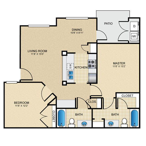 2 bed 2 bath B2 Floor Plan at The Villages at Lost Creek, San Antonio, TX 78247