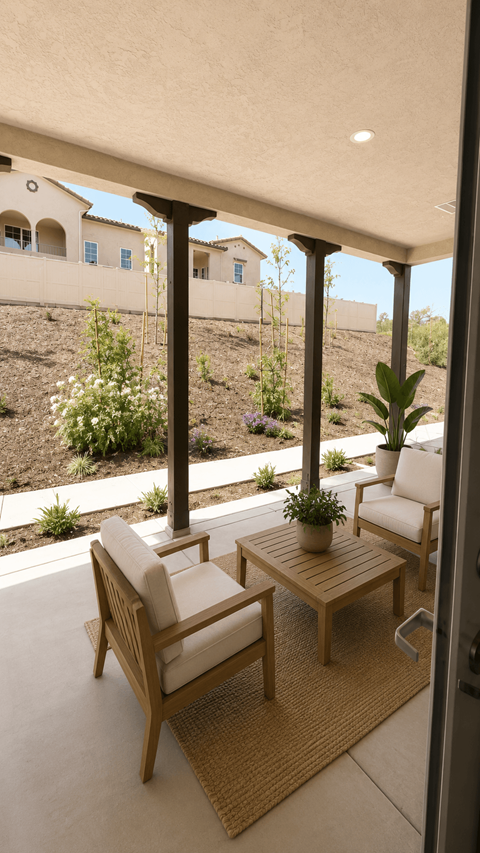 A patio with a table and chairs overlooking a garden at Via Del Lago Homes in Moreno Valley, CA, 92555