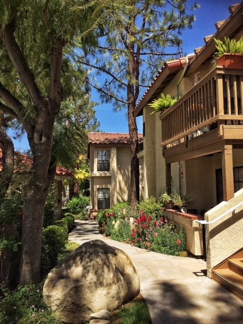 a sidewalk in front of some buildings and trees at Victoria Springs, Riverside, CA
