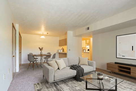 A living room with a grey couch and a coffee table.