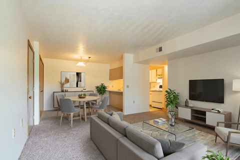 A living room with a grey couch and a glass coffee table.