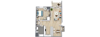A floor plan of a house with a living room, dining room, kitchen, and bathroom.