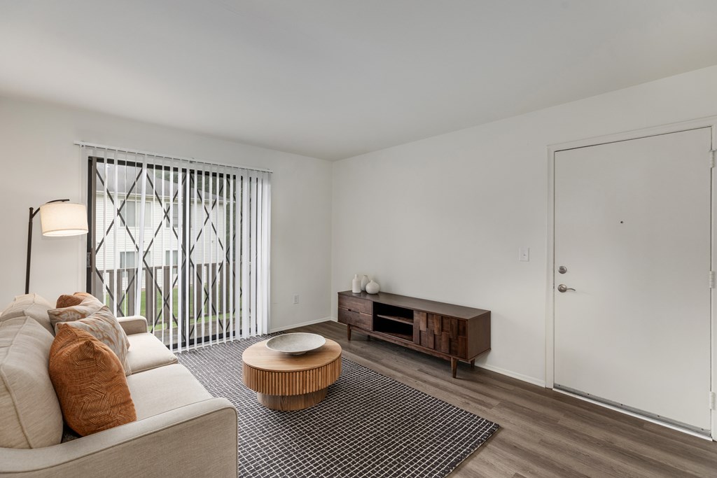 A living room with a couch, a coffee table, and a television.