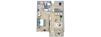 A top-down view of a living room, kitchen, and dining area.