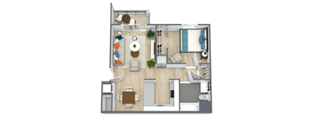 A top-down view of a living room, kitchen, and bathroom layout.