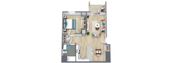 A top-down view of a modern apartment layout with a living room, dining area, kitchen, and bathroom.
