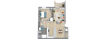A top-down view of a living room, kitchen, and bathroom.