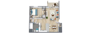 A top-down view of a modern apartment layout with a living room, dining area, kitchen, and bathroom.