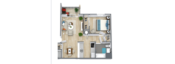 A top-down view of a modern apartment layout with a kitchen, living room, and bathroom.
