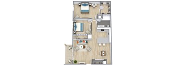 A top-down view of a house layout with a living room, kitchen, and dining area.