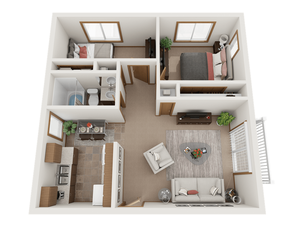 a 3d rendering of a 1 bedroom floor plan