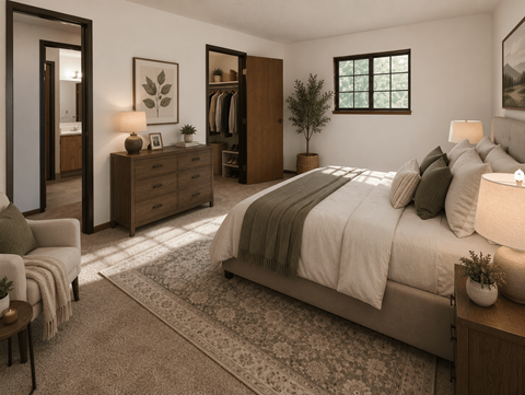 A bedroom with a large bed, a chair, a dresser, and a mirror.