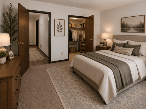 A bedroom with a large bed, a wooden dresser, and a painting on the wall.