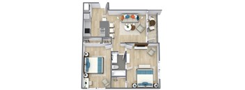A floor plan of a house with two bedrooms, a living room, a kitchen, and a bathroom.