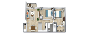 A top-down view of a living room, kitchen, and dining area.