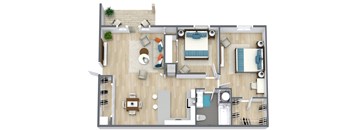 A top-down view of a house layout with a living room, kitchen, dining area, and bathrooms.