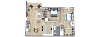 A top-down view of a well-furnished apartment with a kitchen, living room, and bathroom.