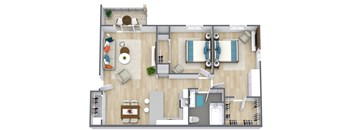 A top-down view of a modern apartment layout with a kitchen, living room, dining area, and bathroom.
