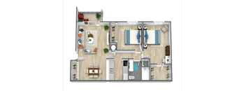 A top-down view of a small apartment layout with a kitchen, living room, and bathroom.