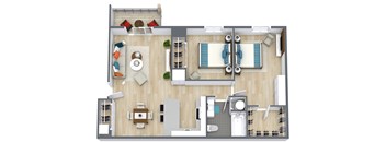 A top-down view of a well-furnished living room, kitchen, and dining area.