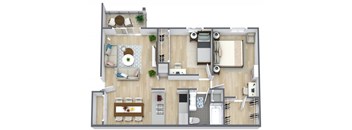 A top-down view of a house layout with a kitchen, living room, dining area, and bathroom.