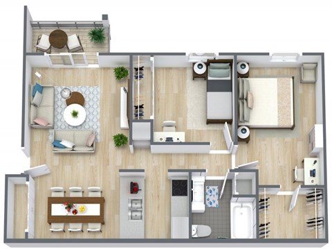 A top-down view of a house layout with a kitchen, living room, dining area, and bathroom.