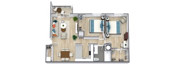 A top-down view of a house interior with a living room, kitchen, and bathroom.