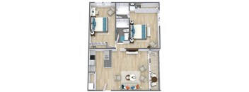 A top-down view of a living room, kitchen, and two bedrooms.