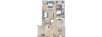 A floor plan of a house with a living room, dining room, kitchen, and bathrooms.