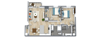 A top-down view of a well-furnished apartment layout.