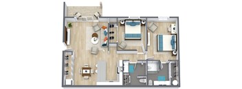 A floor plan of a house with a living room, dining room, kitchen, and bedrooms.