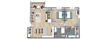 A top-down view of a modern apartment layout with a living room, kitchen, dining area, and bathroom.