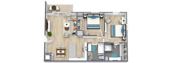 A top-down view of a house layout with a living room, kitchen, dining area, and bedrooms.