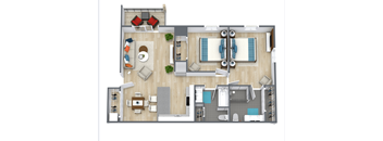 A top down view of a house interior with a living room, dining room, kitchen, and bathroom.