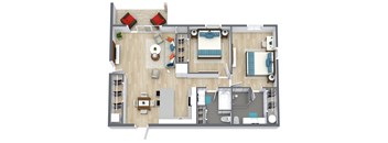 A top-down view of a house layout with a living room, kitchen, and bathroom.