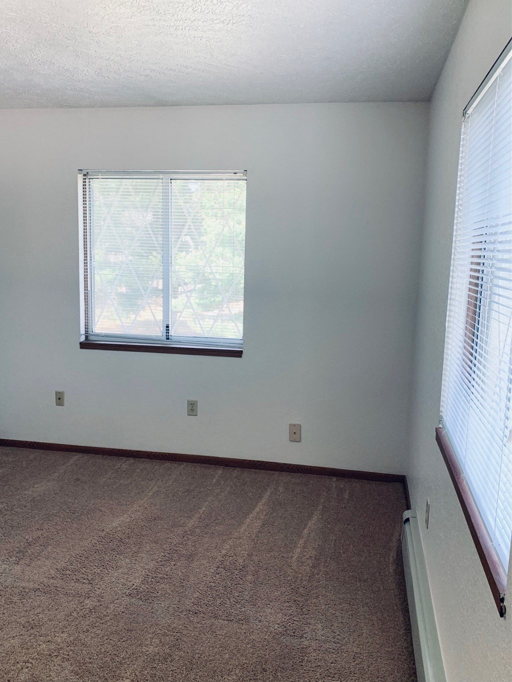an empty room with a large window and a carpeted floor