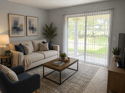 A living room with a sofa, chair, and a coffee table.
