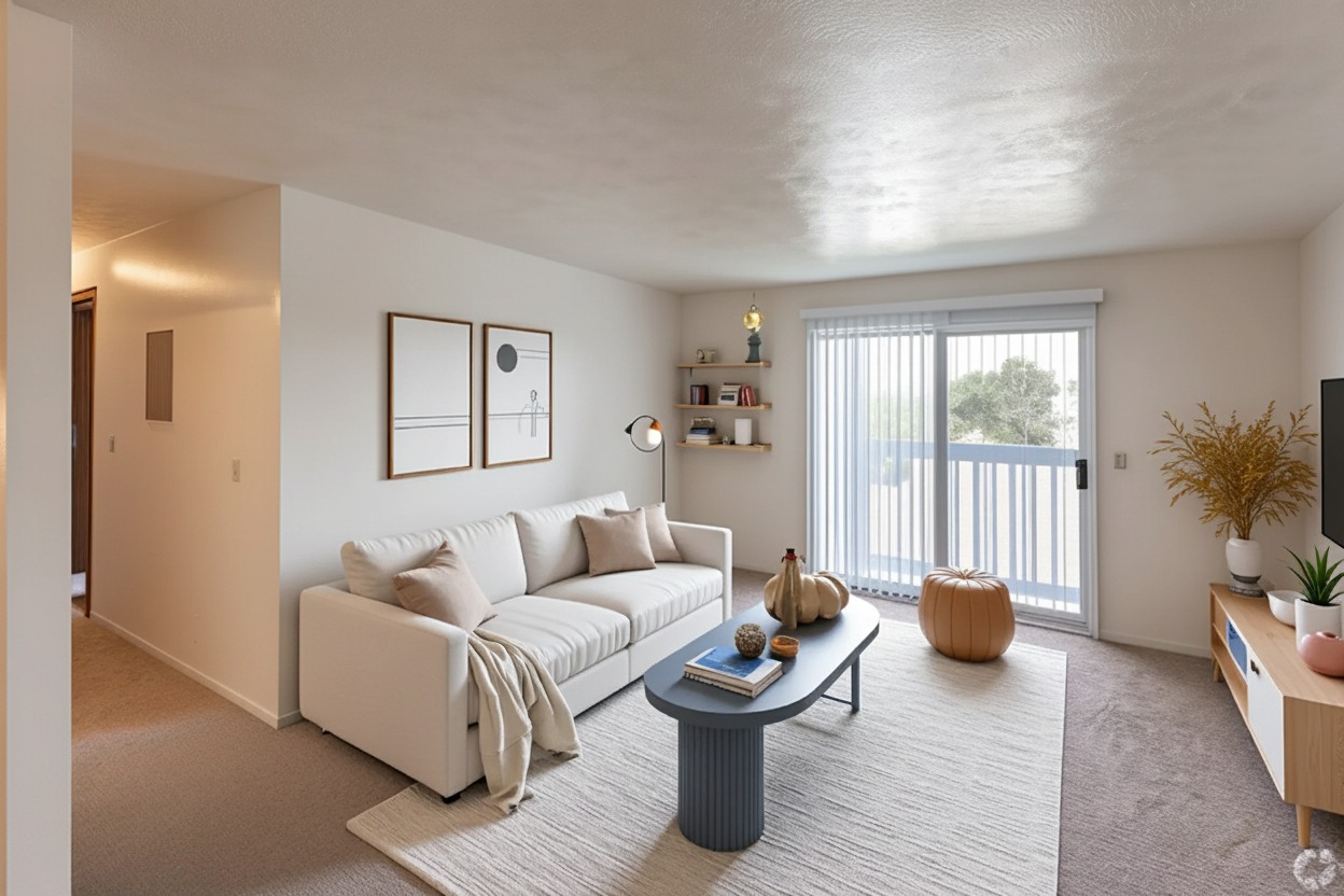 A living room with a white couch and a coffee table.