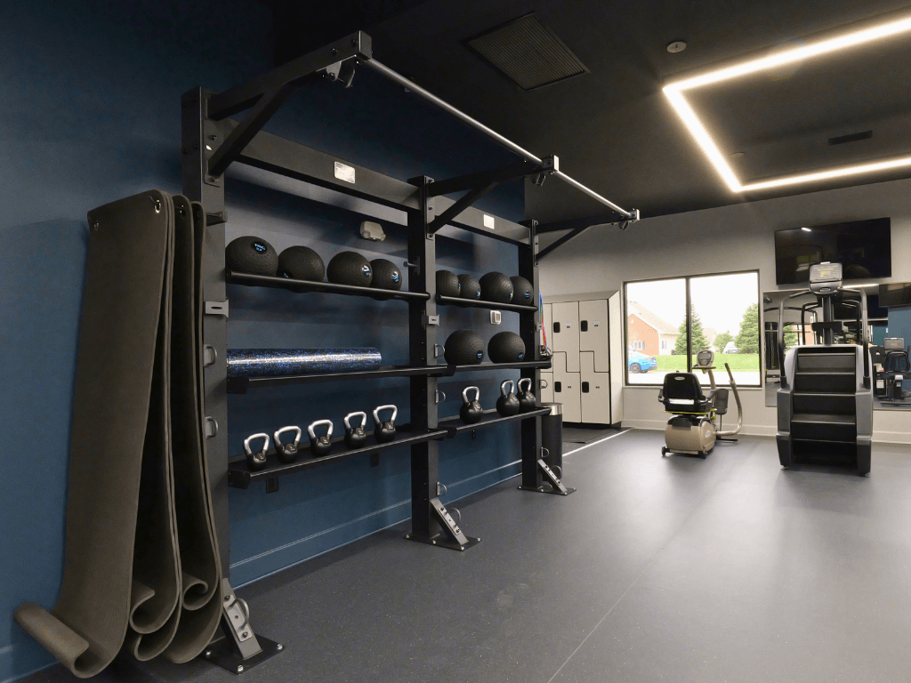 A gym with a blue wall and a rack of weights.