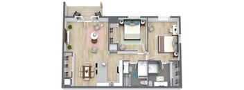 A top-down view of a house layout with a kitchen, living room, and bathroom.