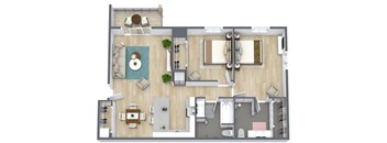 A top-down view of a modern apartment layout with a living room, kitchen, dining area, and bathroom.