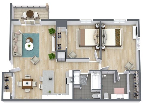 A top-down view of a modern apartment layout with a living room, kitchen, dining area, and bathroom.