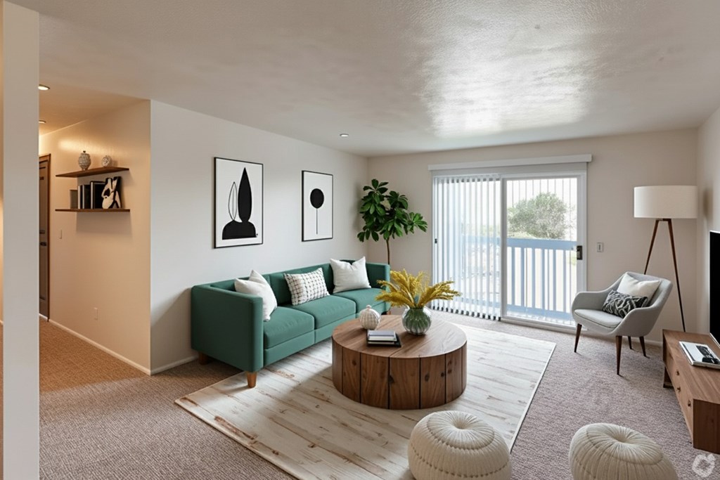 A living room with a green couch, a coffee table, and a potted plant.