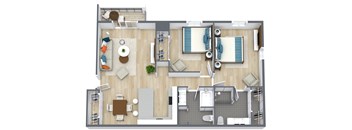 A top-down view of a well-furnished living and dining area.