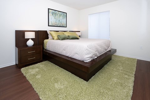 A bedroom with a bed, nightstand, and rug.