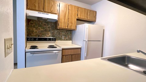a kitchen with a stove refrigerator and sink